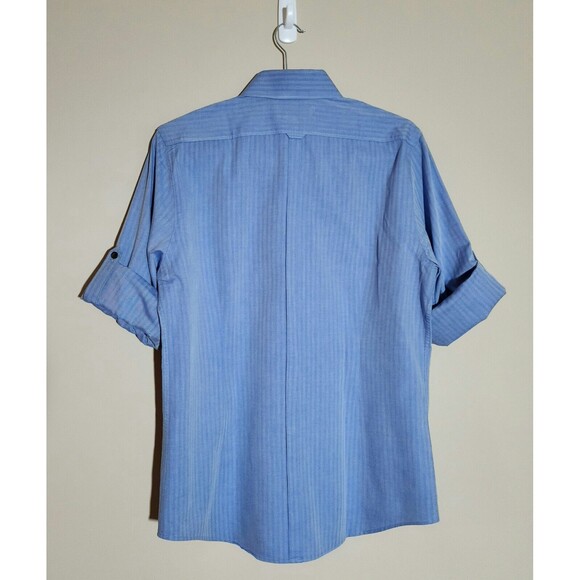 Express Mens Fitted Cotton Herringbone Shirt M Blue Button-Down Roll-Up Sleeve - Picture 4 of 8